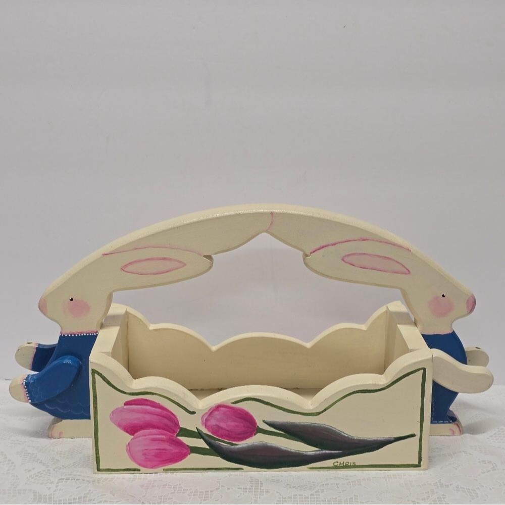 Vintage Wooden Handpainted Easter Bunny Rabbits Ivory Eggs Basket Cottage Shabby